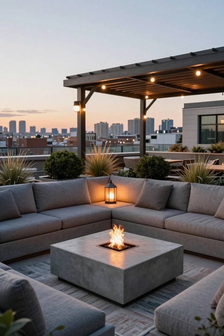 Rooftop terrace at dusk featuring an L-shaped gray sofa surrounding a concrete fire table with flames, string lights hanging from a wooden pergola overhead, potted plants and lanterns, and a city skyline in the background.