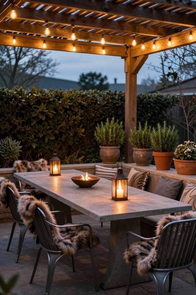 Wooden pergola over an outdoor concrete dining table with metal chairs draped in fur throws, flanked by lanterns, a central fire bowl, potted plants, and overhead string lights at dusk.