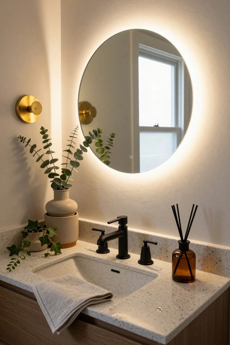 Bathroom vanity with round mirror featuring LED edge lighting, black faucet and soap dispenser in a white sink, eucalyptus in a beige vase, ivy plant, reed diffuser, and folded towel on a light speckled countertop.