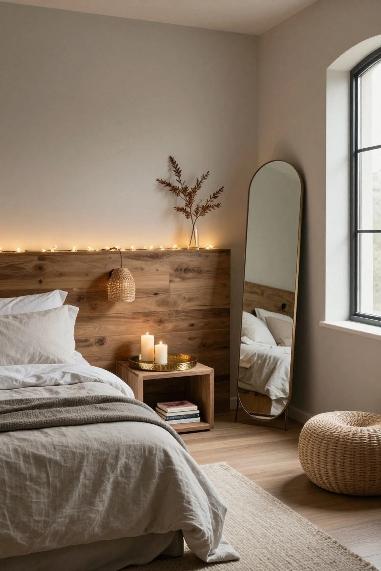 Corner view of a beige bedroom with a bed against a wooden headboard lined with string lights, white and gray linens, wooden nightstand holding brass tray with candles and books, tall arched gold mirror, rattan pendant lamp, and woven pouf on light wood floor.