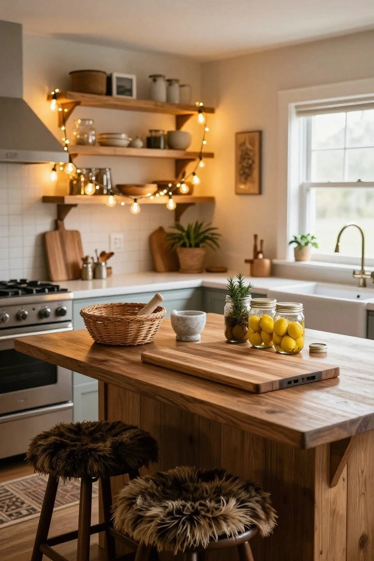 A kitchen interior featuring an island with wooden cutting board and jars of lemons and rosemary, open wooden shelves strung with warm fairy lights, fur-covered stools, and a farmhouse sink.