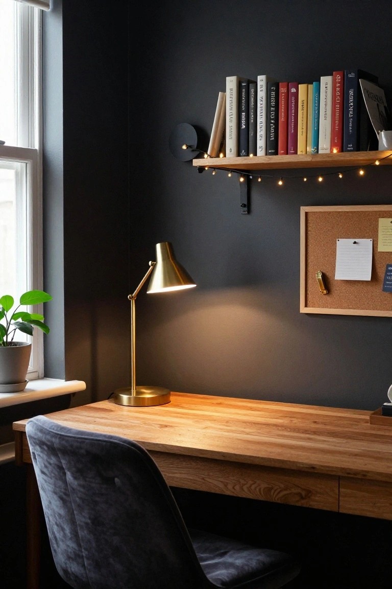 A home office corner in a dark-walled room with a wooden desk, gold desk lamp, navy velvet chair, floating wooden bookshelf lined with colorful books and string lights, corkboard, and potted plant by the window.