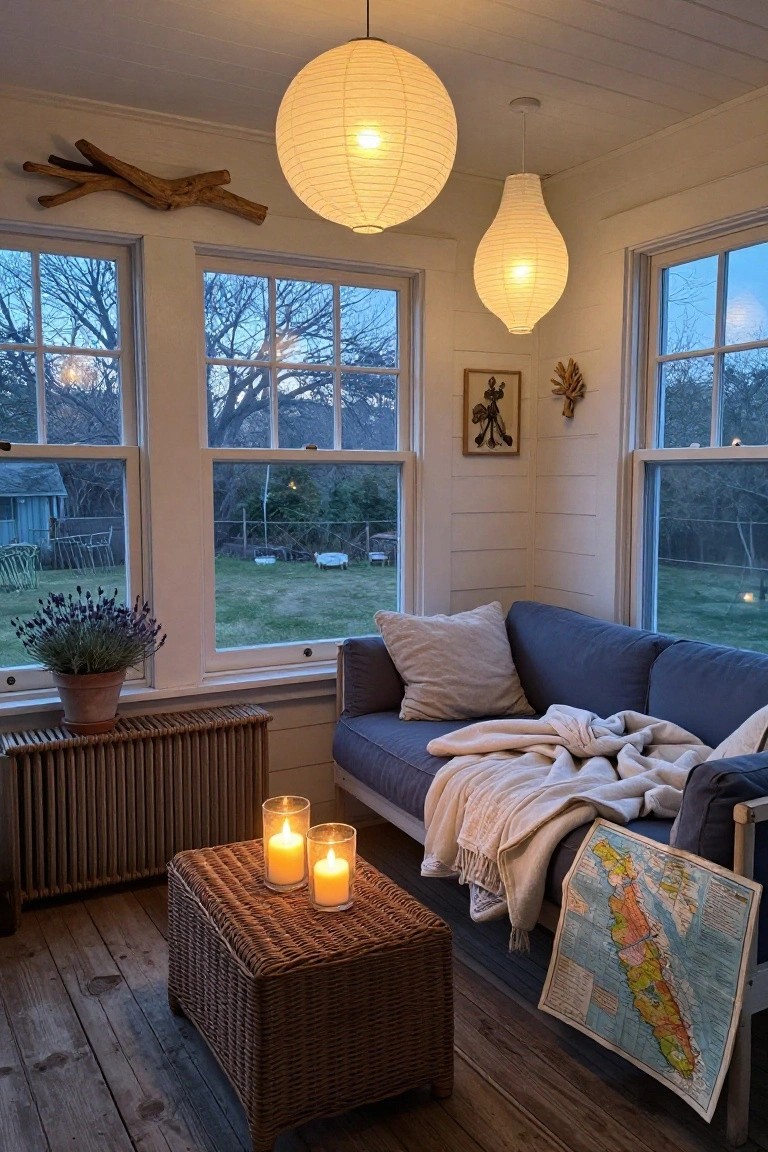 Sunroom interior with white shiplap walls and large windows overlooking a garden and yard, blue sofa with pillows and throw blanket draped with a map, rattan bench and coffee table holding two lit candles, potted lavender plant, and hanging paper lantern lights.