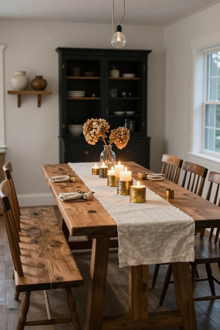 Wooden dining table in a light room with multiple lit candles in gold and glass holders on a white linen runner, wooden benches and chairs, potted dried flowers, and a black wooden cabinet nearby.