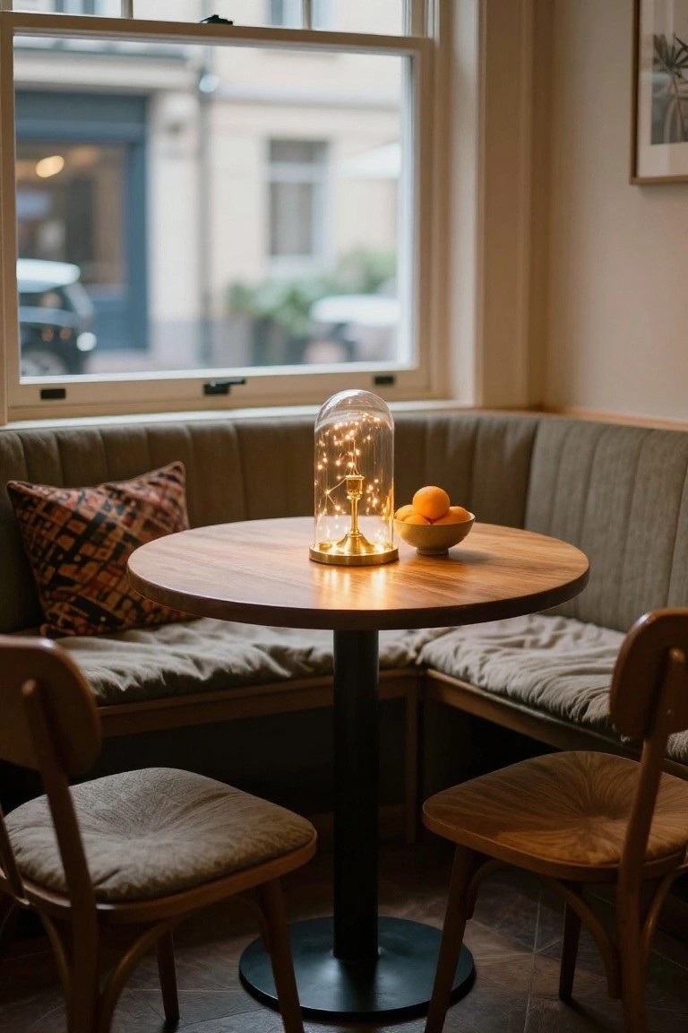 Corner booth seating with beige cushions and patterned pillows beside a round wooden table holding a glowing glass bell jar with fairy lights on a gold base and a bowl of oranges, flanked by wooden chairs, large window with street view.