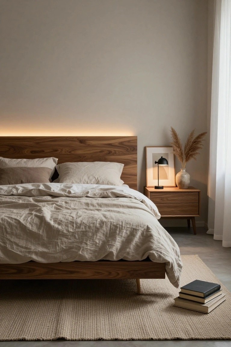 Bedroom with light wooden headboard featuring LED strip lighting along the top edge, beige linen bedding, wooden mid-century nightstand holding a lamp and vase of pampas grass, and stacked books on a beige rug beside the bed.
