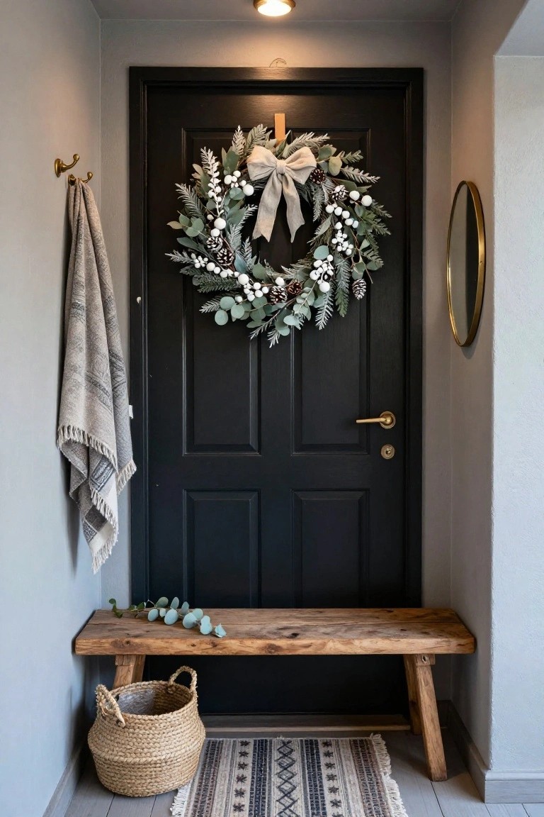 Entryway with black front door decorated by eucalyptus wreath with white berries, pinecones, and linen bow; brass hooks holding gray towel; rustic wood bench with eucalyptus sprigs; seagrass basket and patterned rug on gray floor.