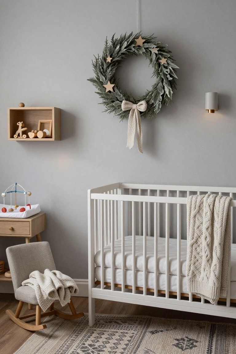 Gray-walled nursery with white crib draped in cream knit blanket, wooden rocking chair with throw, toy shelf, changing table with mobile, and green wreath with stars and bow hanging on wall.