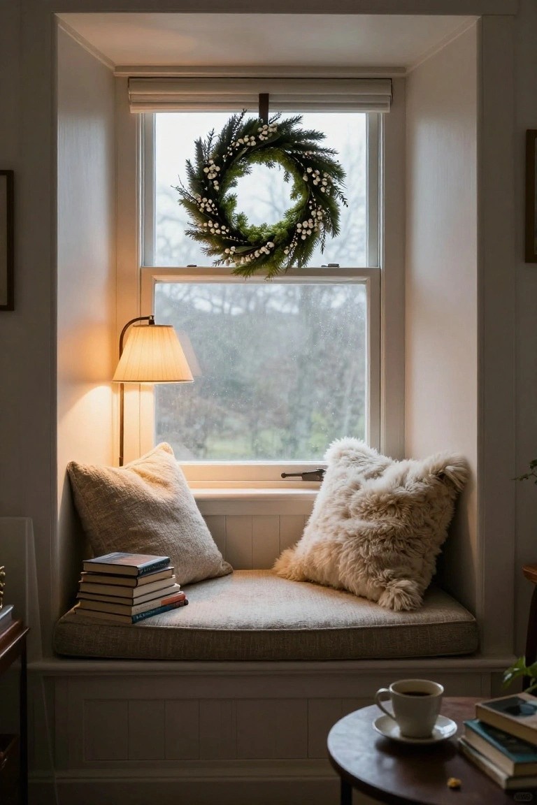 White-walled interior window nook with built-in bench, beige cushions, fluffy pillows, stacked books, arched lamp, side table holding teacup and saucer, and evergreen wreath with white berries on the window overlooking foggy trees.