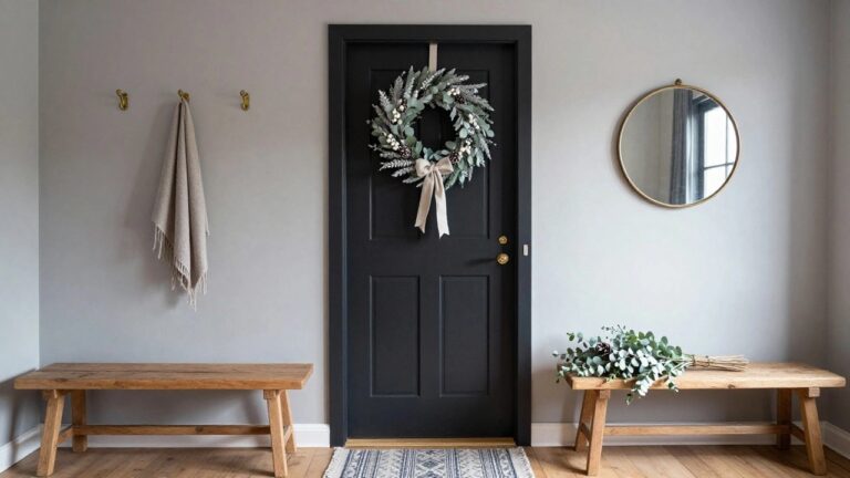 Entryway with black front door decorated by eucalyptus wreath with white berries, pinecones, and linen bow; brass hooks holding gray towel; rustic wood bench with eucalyptus sprigs; seagrass basket and patterned rug on gray floor.