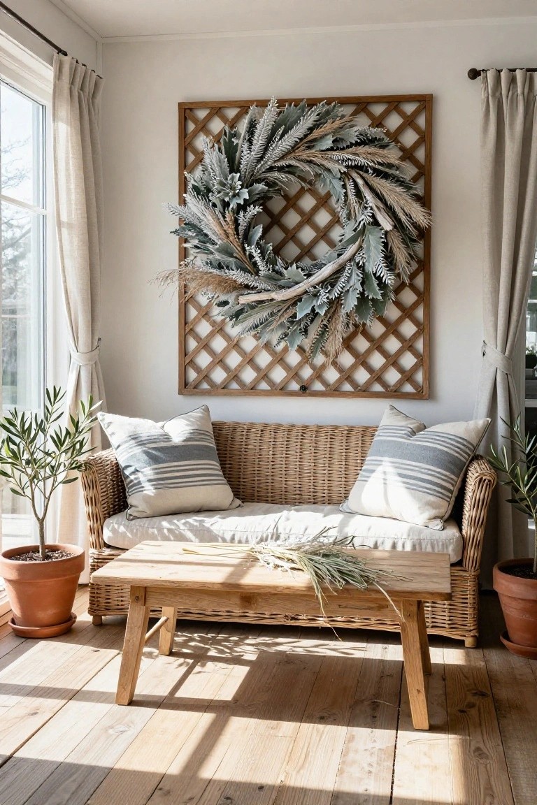 A large wreath of dried silver dollar eucalyptus, pampas grass, and other textured elements hangs on a wooden lattice frame mounted on a white wall above a wicker sofa with white and striped pillows, flanked by potted olive trees, with a wooden coffee table holding pampas stems in a sunlit room with beige curtains and wooden floors.