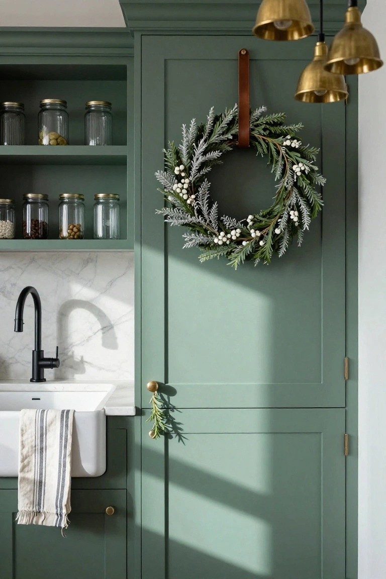 Sage green kitchen cabinet door with a frosted evergreen wreath featuring white berries hung from a brown leather strap, positioned next to a white farmhouse sink and marble backsplash.
