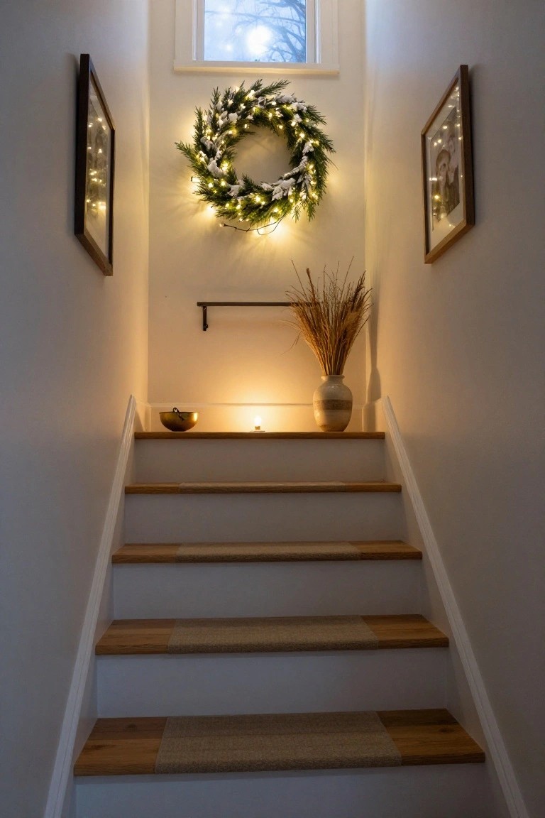 A glowing evergreen wreath with white faux snow and string lights hangs on a white wall above a wooden staircase with beige carpet runners, flanked by framed photos, a vase of pampas grass, a brass bowl, and a candle on the first step.