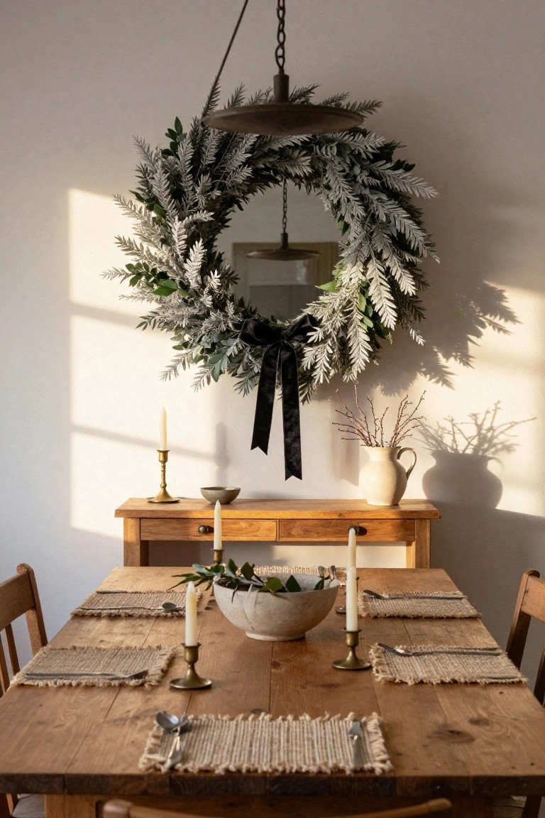 Dining room interior with a wooden table set with placemats, cutlery, candles, and a bowl of greens; a sideboard with candles, a vase of branches, a small bowl, and a large silvery leaf wreath around a round mirror on the wall, lit by window sunlight.
