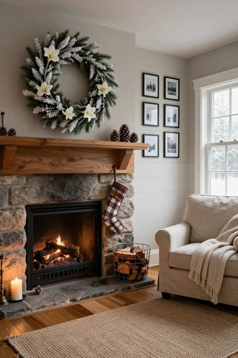 Snowy Wreath Over the Fireplace Mantel