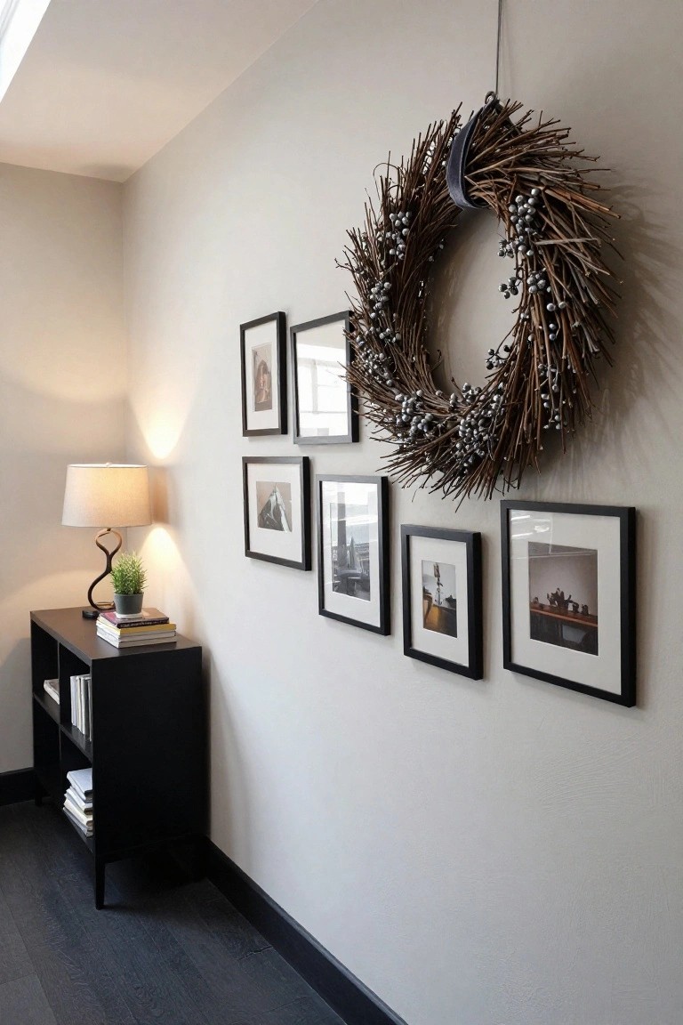 Hallway corner with light beige walls and dark wood flooring, featuring a large hanging wreath of brown twigs and silver berries above five black-framed photos, next to a black console table with a twisted lamp, potted plant, and stacked books.