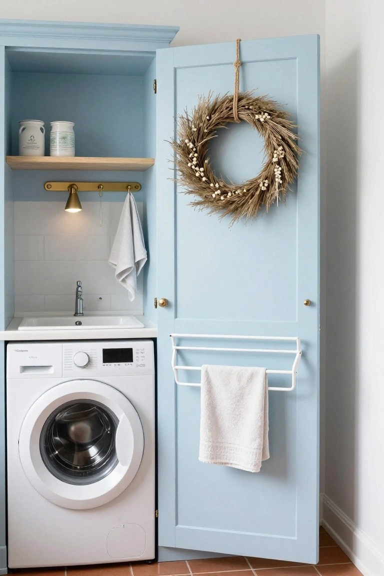Open light blue cabinet door in a laundry nook with a wheat and berry wreath hanging from twine, white washing machine, utility sink, and towels nearby.