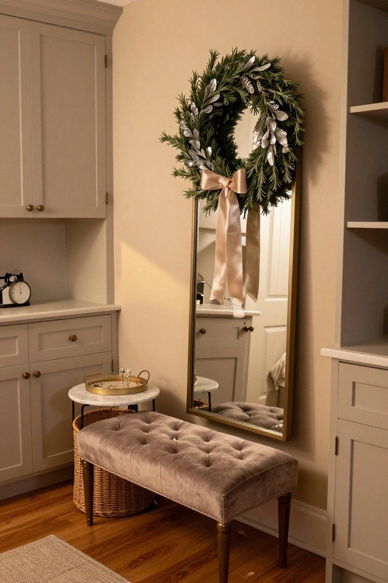 A silver rosemary wreath with pink satin bow hangs vertically on a tall gold-framed mirror in a beige room featuring gray cabinets, white surfaces, a tufted pink velvet bench on wood legs with wicker basket, and a small clock.