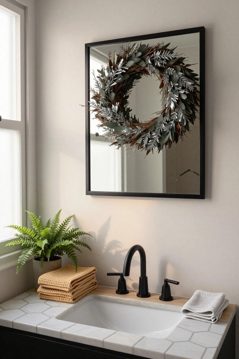 Black-framed square mirror with a neutral dried eucalyptus wreath around it, mounted above a white hexagonal-tiled sink with black faucet on a dark wood vanity, next to a green fern plant and stacked beige towels in a light bathroom.