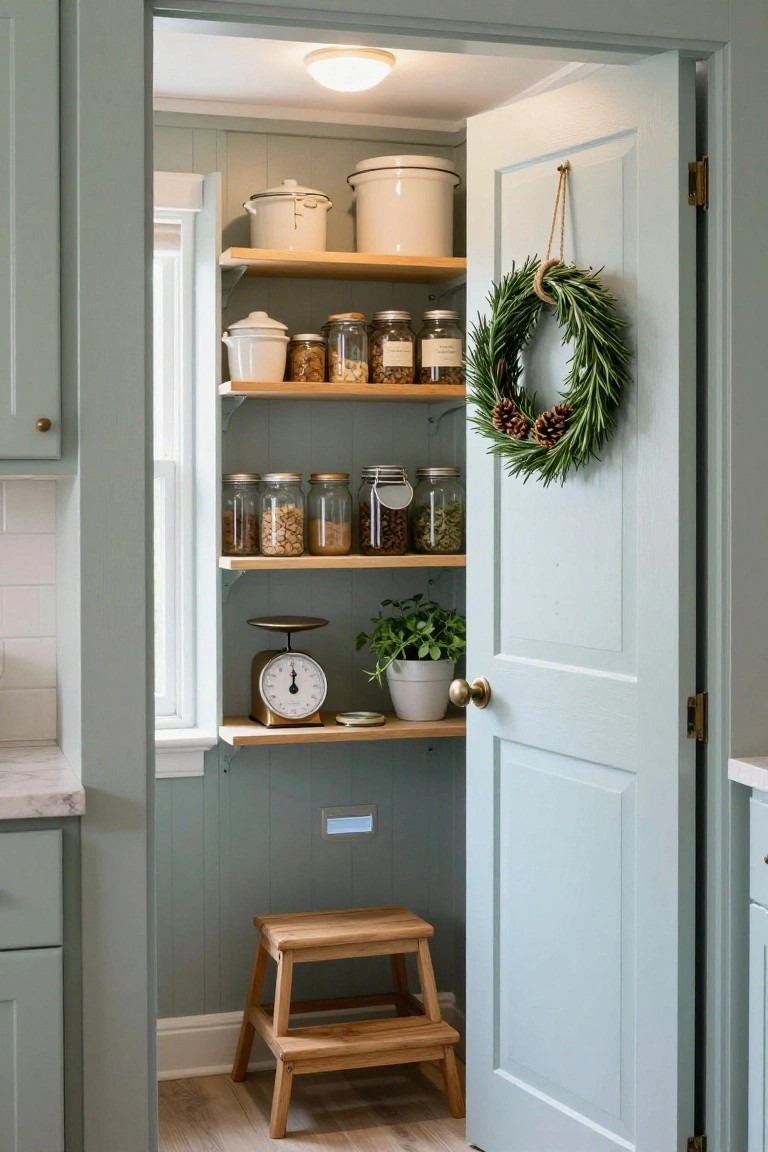 Open light blue pantry door with a rosemary wreath accented by pinecones hanging from a rope, wooden shelves inside stocked with glass jars of spices and nuts, crocks, scale, plants, and wooden step stool nearby.