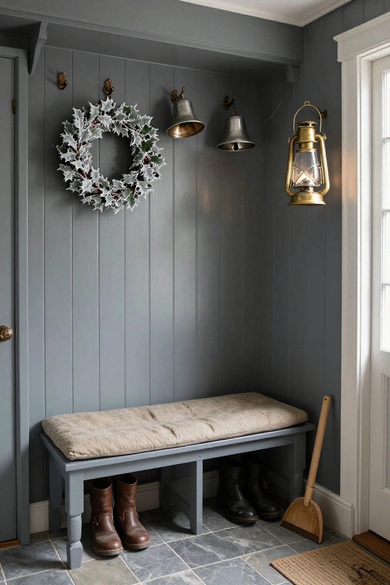 Gray paneled mudroom with cushioned bench holding tall boots underneath, frosted holly wreath on wall flanked by bells, brass lantern hanging nearby, wooden broom, slate floor, and jute doormat by white door.