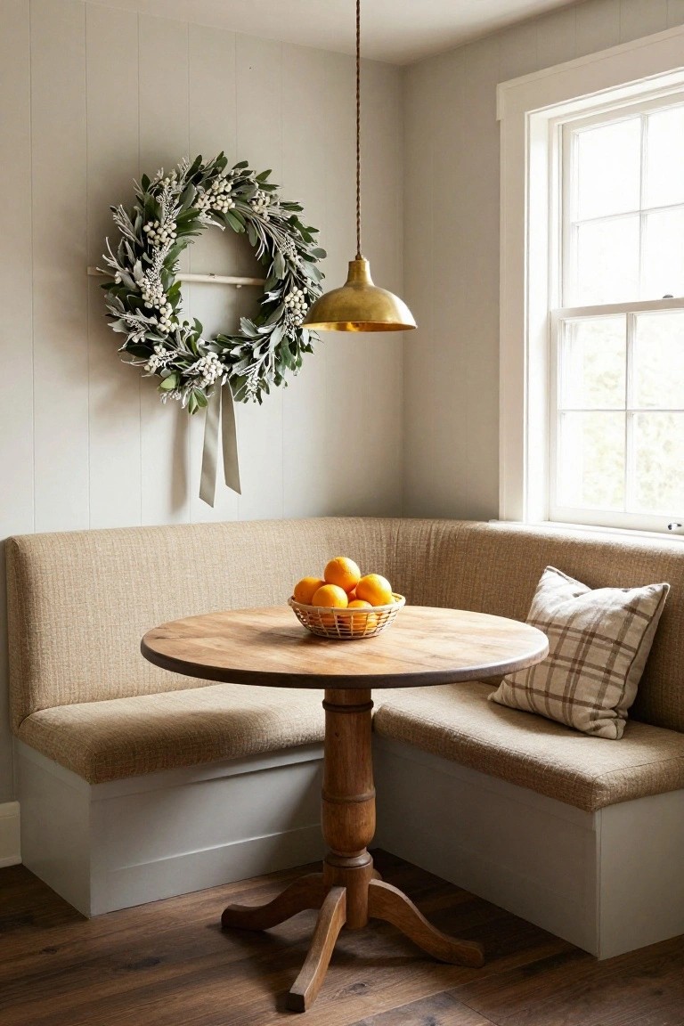 Corner breakfast nook with beige fabric banquette seating around a round wooden pedestal table holding a basket of oranges, gold pendant light overhead, window on one side, and large winter wreath of greenery and white berries hanging on the shiplap wall.