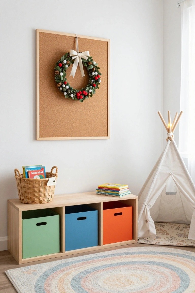 Framed corkboard with Christmas wreath hanging on it above wooden bench with green, blue, and orange storage bins, wicker basket of books, and white teepee on colorful round rug in children's room corner.