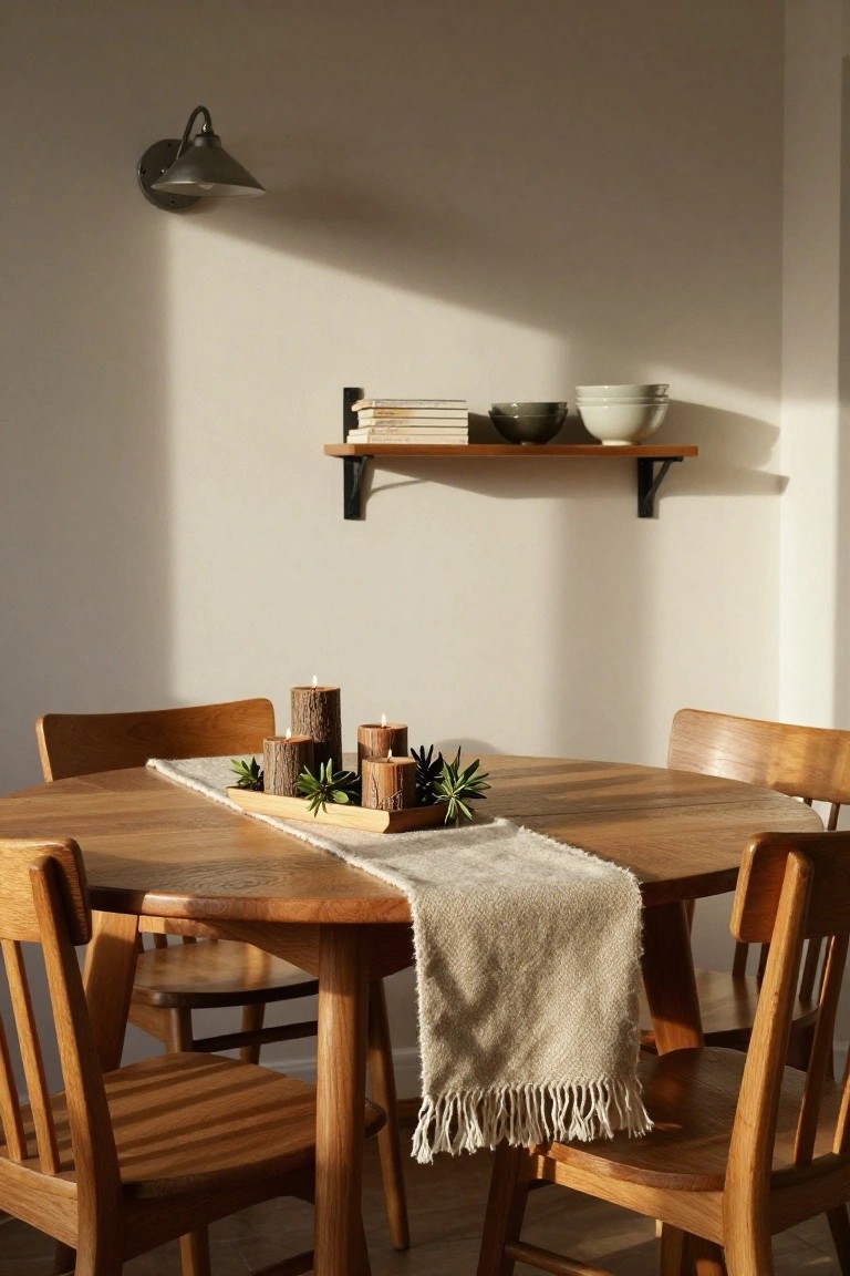 A sunlit dining room with a round wooden table, wooden chairs, beige runner, and central wooden tray of bark-wrapped candles, succulents, and greenery on shelves nearby.