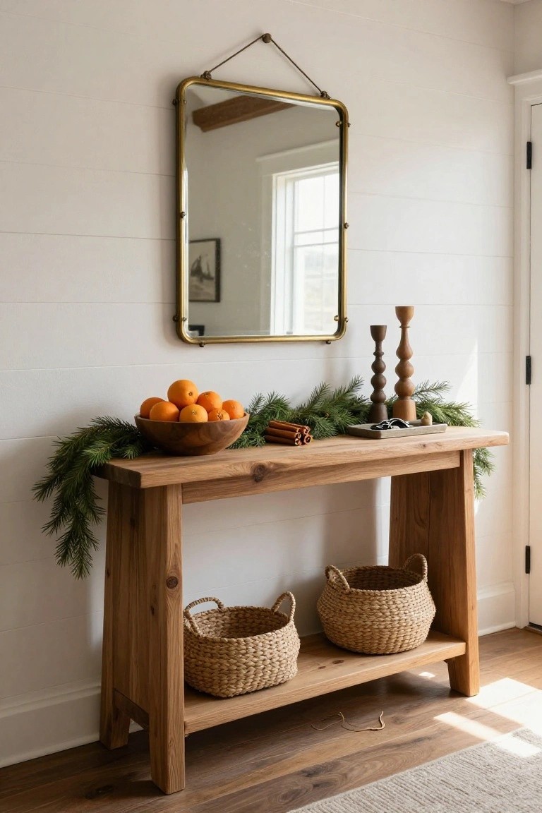 Wooden console table in a white shiplap entryway holding a wooden bowl of oranges, pine garland, cinnamon sticks, wooden candlesticks, and a tray with keys, flanked by two wicker baskets below and a brass mirror above.