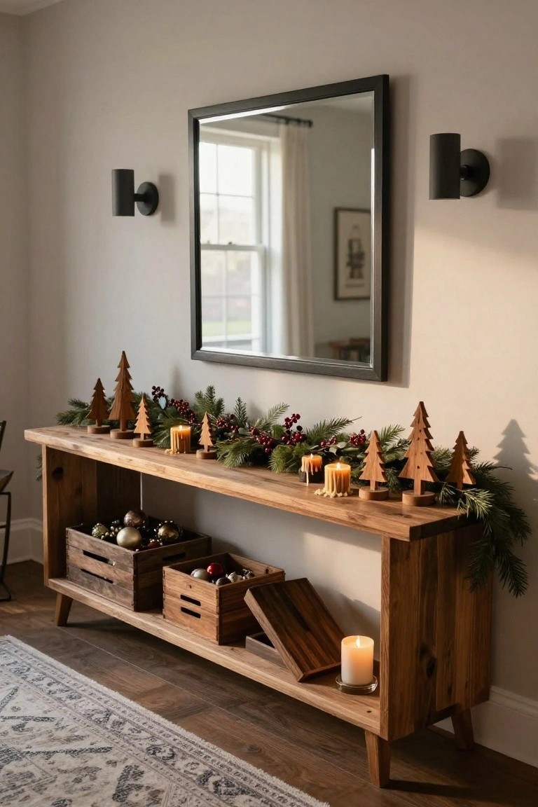 Wooden console table in a light gray entryway holding small wooden Christmas trees, pine garlands with red berries, pillar candles, and crates of gold and red ornaments, beside a large black-framed mirror with black wall sconces.