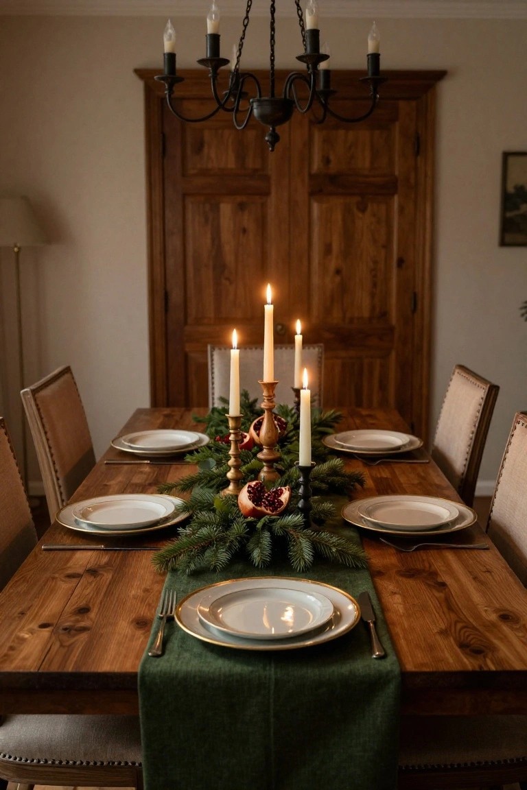 Wooden dining table in a dining room with a green runner of fresh pine branches, lit taper candles in brass and black holders, pomegranates, white plates on gold chargers, and wooden chairs under a black chandelier.