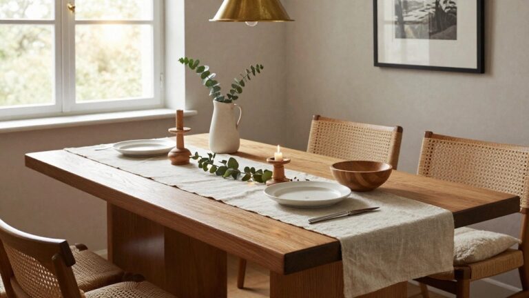 A sunlit dining area with a wooden table covered in a white linen runner, featuring wooden candlesticks holding lit candles, eucalyptus branches, a wooden bowl, white plates, and a white pitcher, flanked by rattan chairs and black-framed windows.
