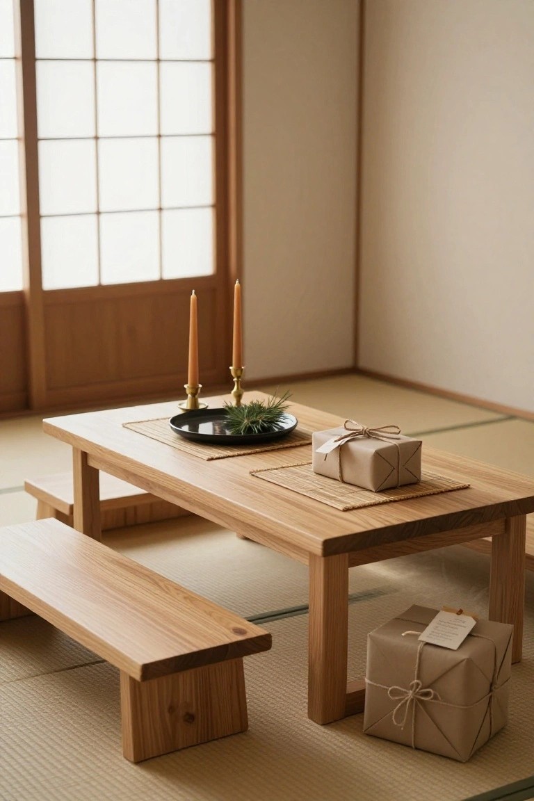 Low rectangular wooden table and benches on tatami mats in a Japanese-style room, with two brass candlesticks holding orange taper candles, a black dish containing pine branches, woven placemats, and several beige boxes wrapped with twine.