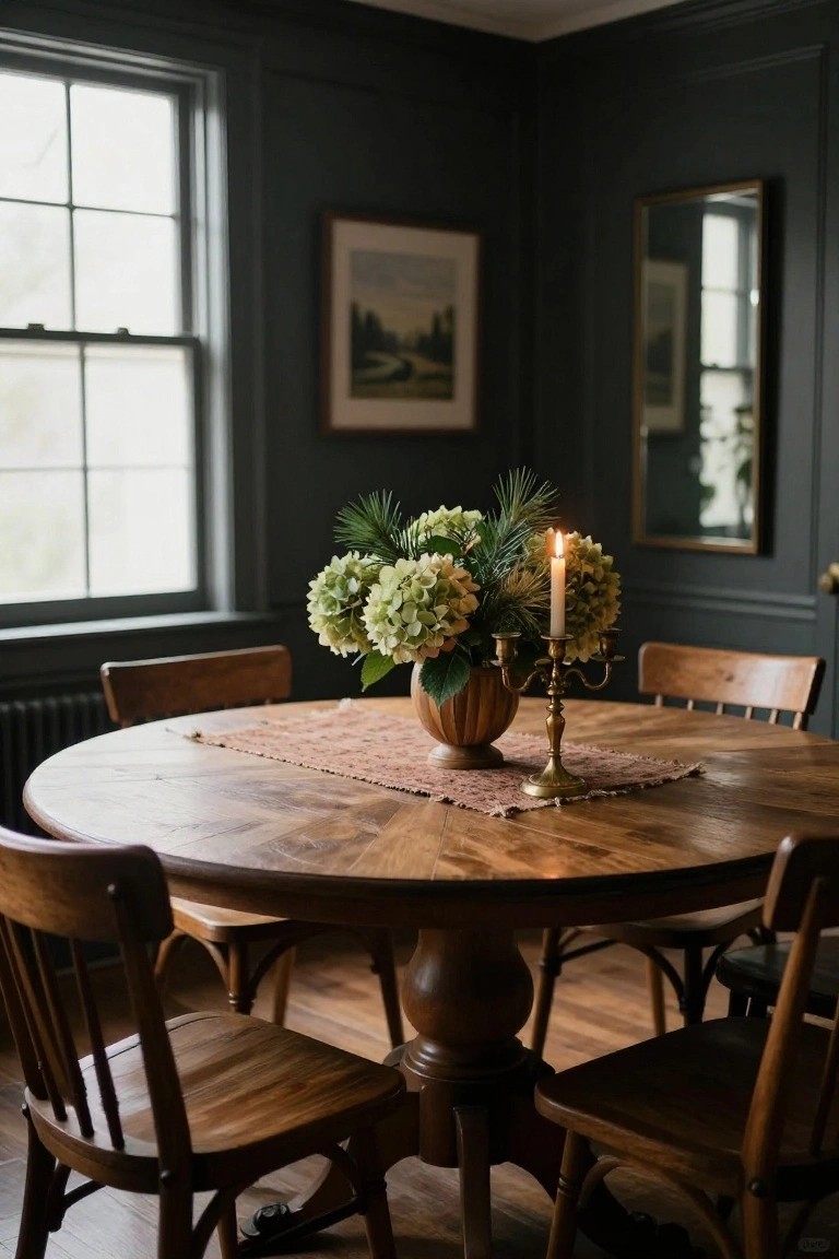 Round wooden dining table with four wooden chairs in a room with dark green paneled walls, centered with a terracotta pot of white hydrangeas and green pine branches next to a brass three-arm candelabra holding a lit candle on a textured runner.