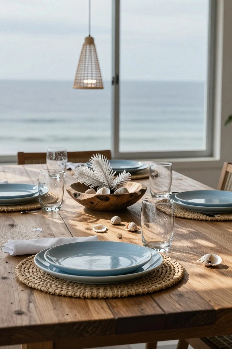 Wooden dining table with rattan placemats, blue plates, glasses, and a center wooden bowl filled with shells and white feathers, next to a large window showing the ocean.
