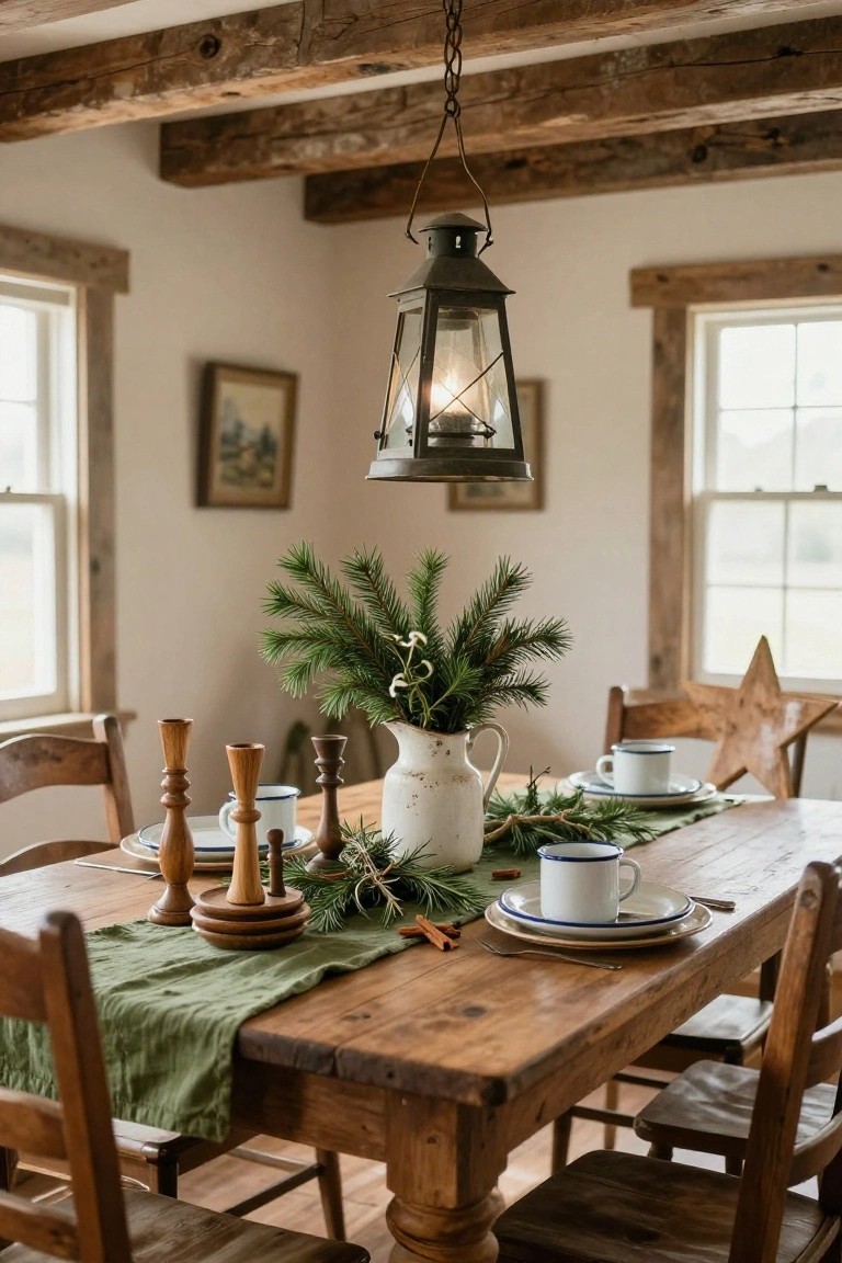 Rustic wooden dining table set for Christmas with fresh pine branches in a white jug, stacked wooden candlesticks, green runner, white cups and plates, cinnamon sticks, and chairs around it in a room with exposed beams and hanging lantern.