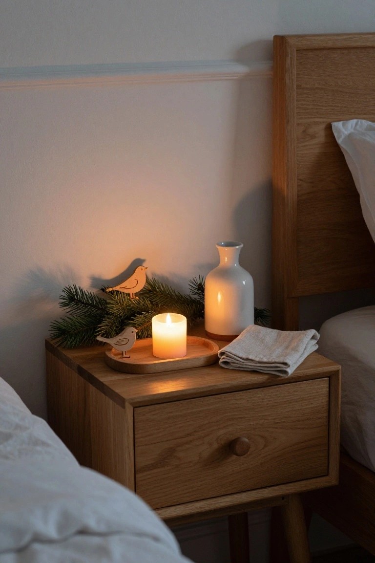 Wooden bedside table next to a bed, topped with a wooden tray holding a lit white candle, small wooden bird ornaments, pine branches, a white vase, and folded linen cloths.