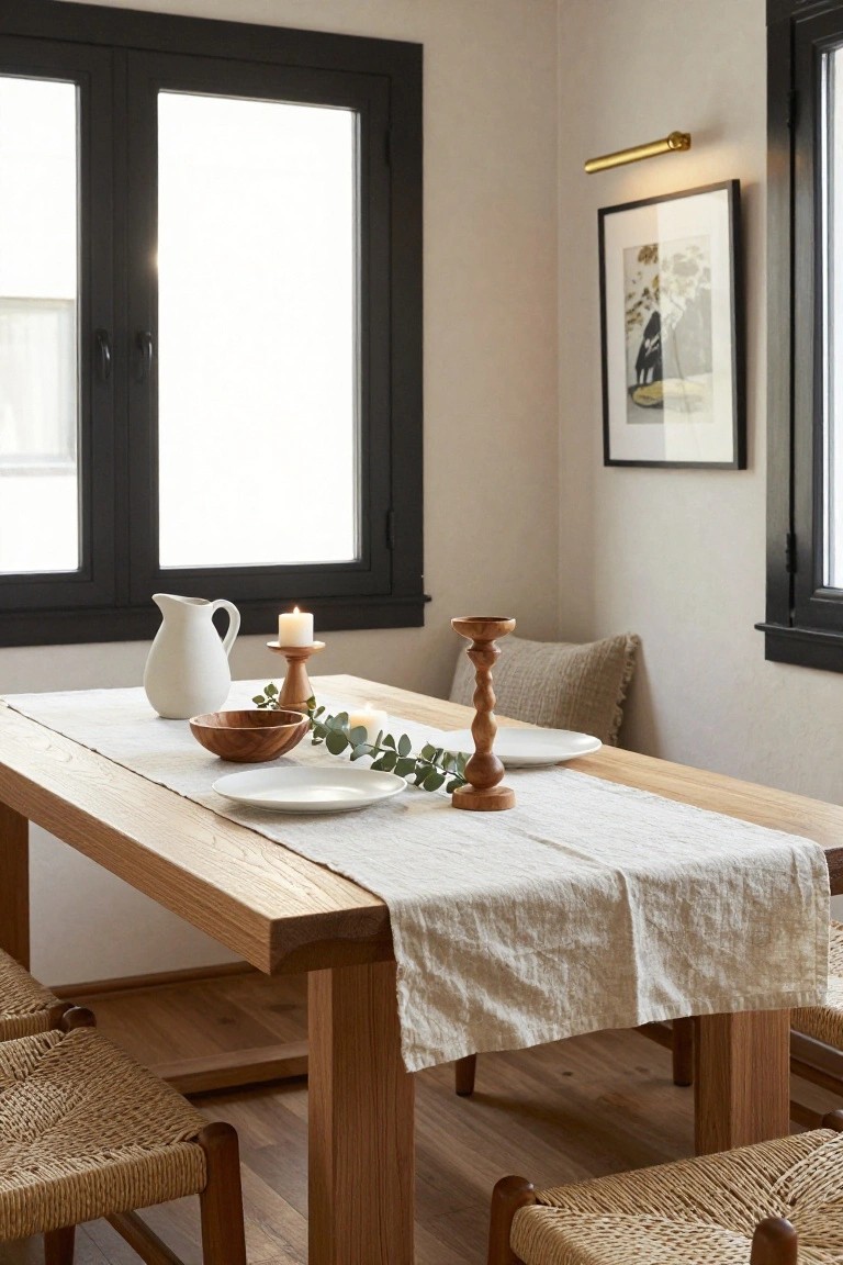 A sunlit dining area with a wooden table covered in a white linen runner, featuring wooden candlesticks holding lit candles, eucalyptus branches, a wooden bowl, white plates, and a white pitcher, flanked by rattan chairs and black-framed windows.