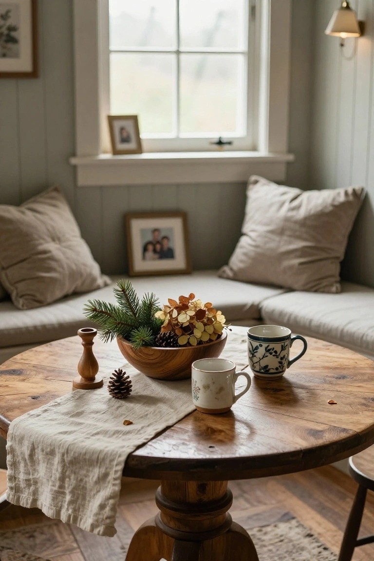 Round wooden table in a pale green paneled room with built-in benches and cushions, holding a wooden bowl of pine branches, pinecones, and dried hydrangeas, plus mugs, candles, and a linen runner.