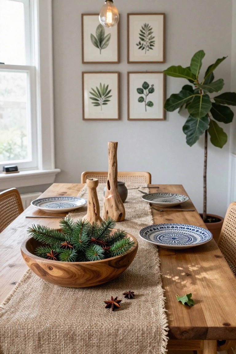 Wooden dining table in a light gray room with a large wooden bowl centerpiece filled with fir branches and star anise, blue patterned plates, wooden candlesticks, and rattan chairs.
