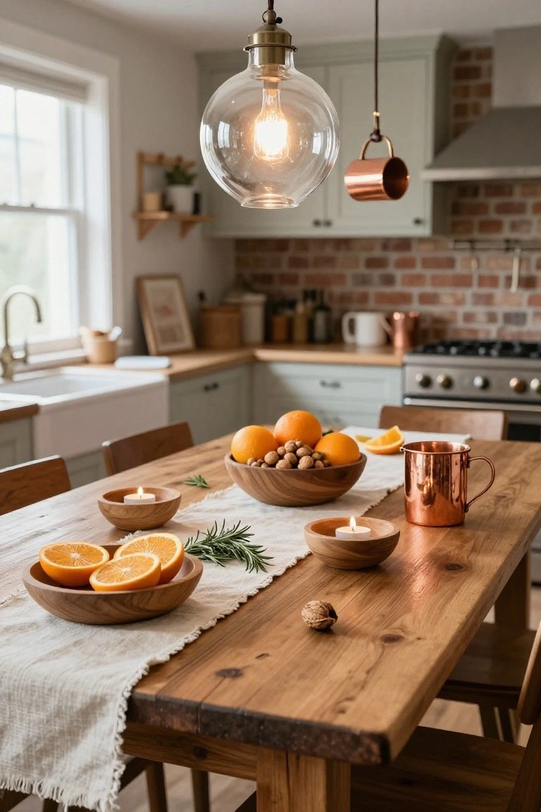 A wooden dining table in a sage green kitchen holding wooden bowls with oranges and walnuts, small candles, rosemary sprigs, and a copper mug on a linen runner.