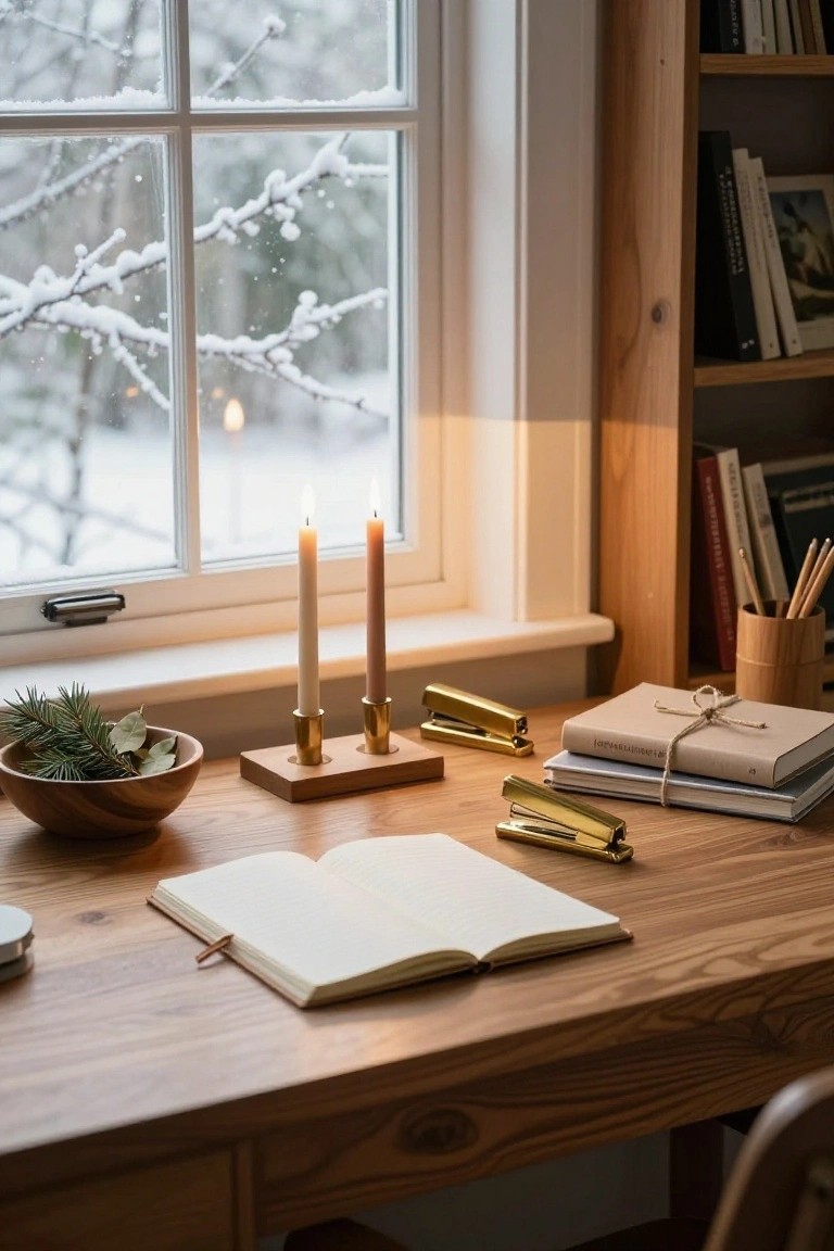 Wooden desk by a snowy window with lit beige taper candles in brass holders on a wood base, wooden bowl of fir branches and leaves, open notebook, gold stapler and paperclips, stacked books, pencils in a holder, and wooden chair.