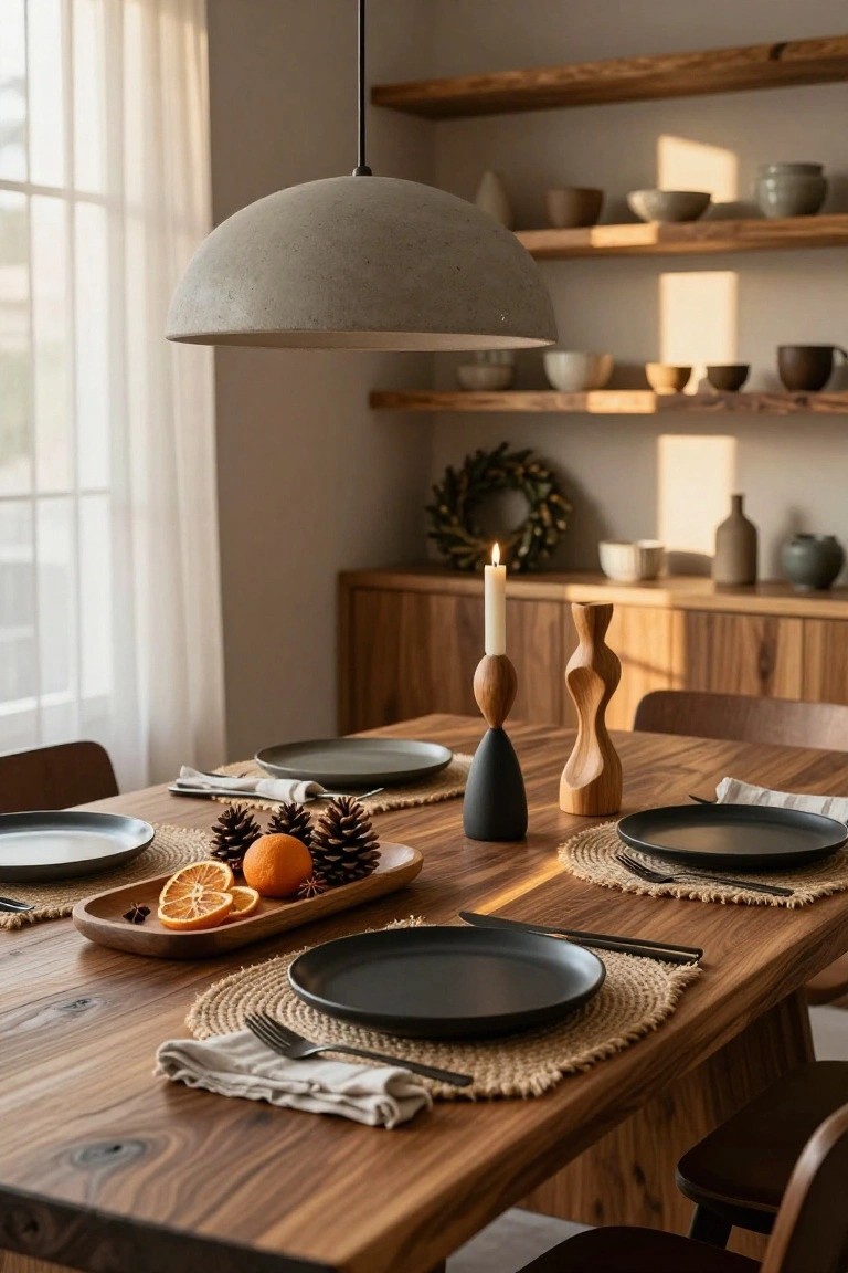 Wooden dining table with a wooden tray holding sliced oranges, pinecones, and star anise at the center, black plates on seagrass placemats, wooden and black candle holders, and wooden chairs in a room with wooden shelves and a large window.