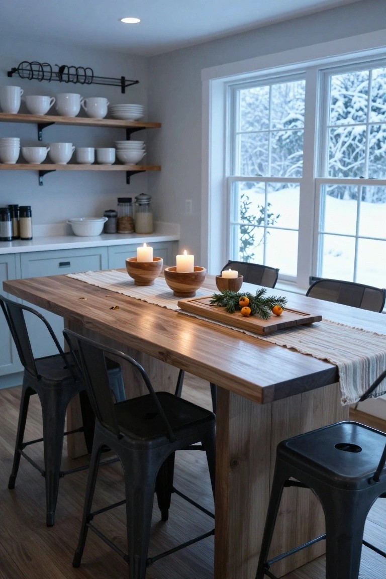 Wooden dining table in a kitchen with beige runner, lit candles in wooden bowls, wooden tray holding fir branches and kumquats, black metal stools, white shelves with dishes, snowy trees outside windows.