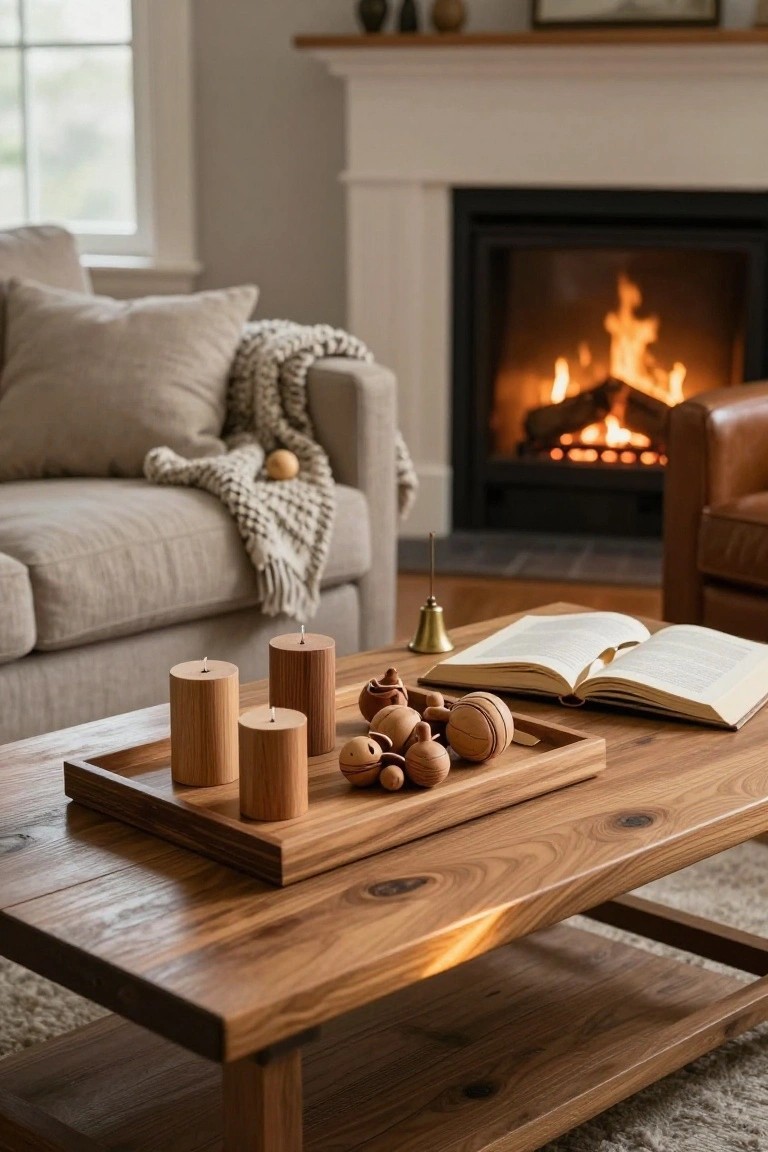 Living room coffee table with a wooden tray holding lit wooden candles, carved wooden figures, balls, and an open book, positioned between a beige sofa and a fireplace.