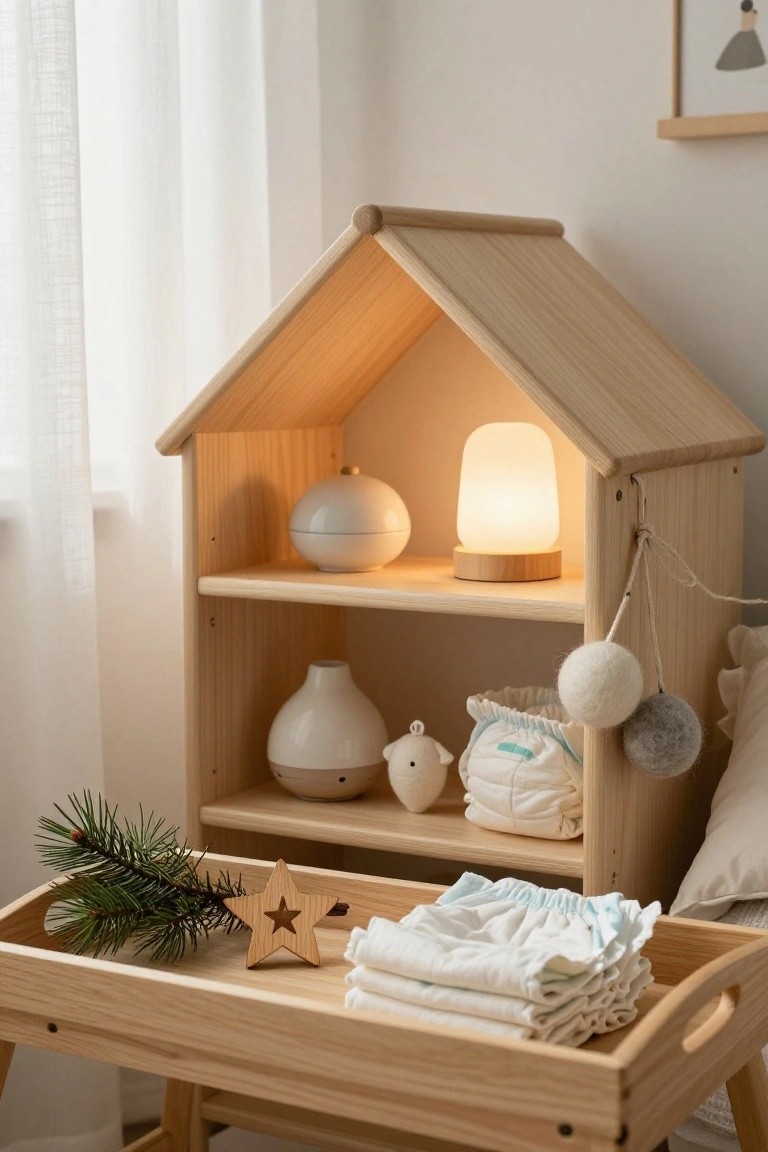 Wooden house-shaped shelf stocked with white ceramics, a lit lamp, baby items, and diapers in a light nursery room, with a wooden tray on a stool holding a pine branch, wooden star, and stacked white diapers.