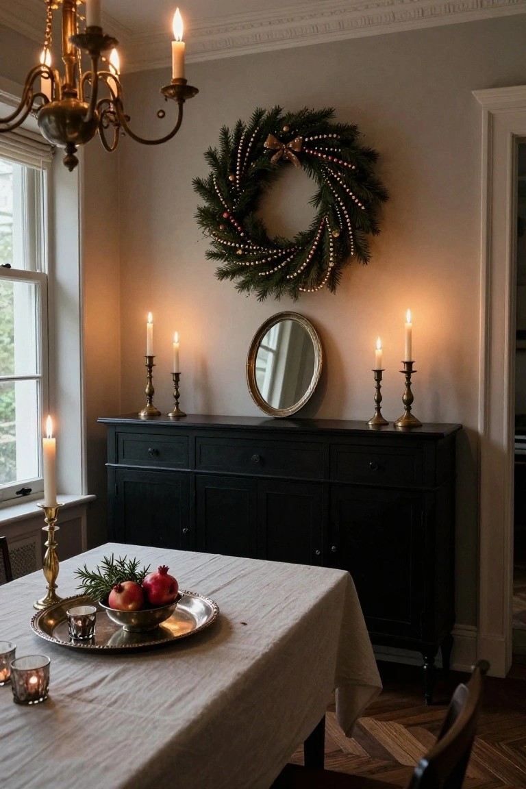 Cozy interior with beaded evergreen Christmas wreath on gray wall above black sideboard topped by round mirror and brass candelabras, plus linen-draped table holding silver tray with pomegranates, rosemary, and glass tea lights.