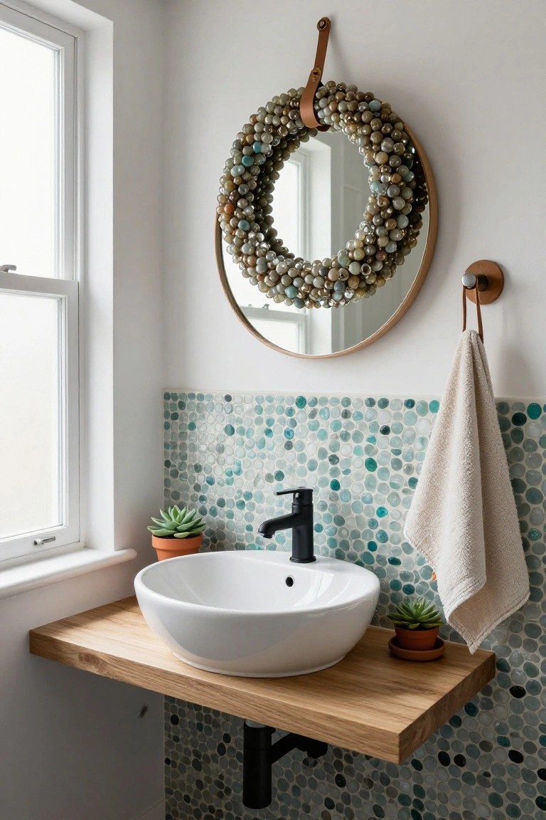 Close-up of a modern bathroom vanity with white vessel sink on oak floating shelf, black faucet, iridescent teal glass tile backsplash, round wood mirror encircled by multicolored beaded wreath hung on leather strap, cream towel on hook, and two potted succulents.