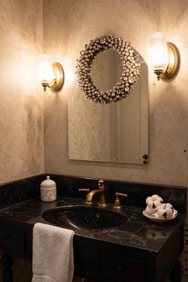 Powder room with beige leaf-patterned wallpaper, round mirror framed by silver beaded Christmas wreath, black marble vanity holding white sink and gold faucet, gold sconces, white towel, and cotton bolls in white dish.