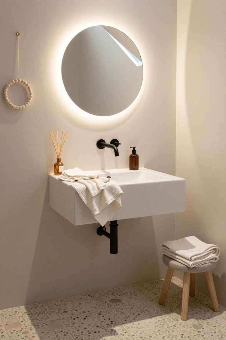 Modern bathroom corner with floating white sink, black faucet, round backlit mirror, wooden beaded wreath hanging nearby, towels draped over sink edge, diffuser bottle, and cushioned wooden stool on terrazzo tile floor.
